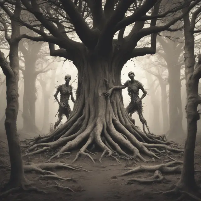 An image of leafless, gnarled trees representing zombie banks surrounded by a forest of deflation. Branches intertwine with non-performing loans.