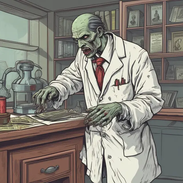A decaying zombie bank undergoing an autopsy to reveal its non-performing loans and distorted market mechanisms.