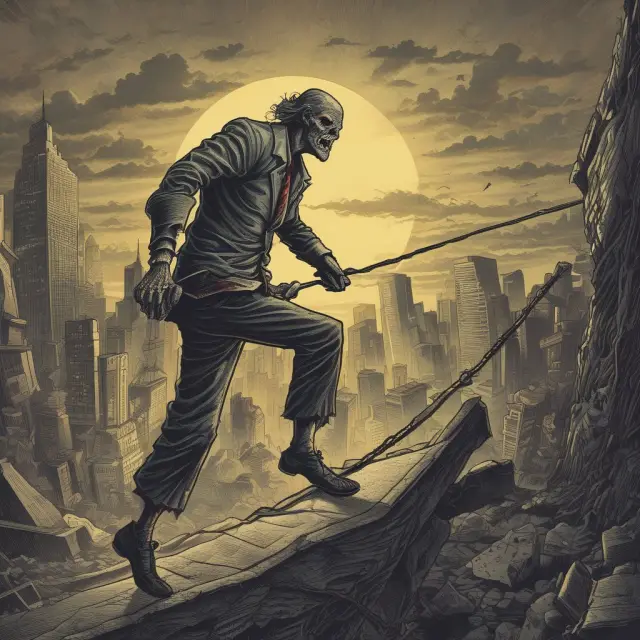 Image of zombie banks precariously balancing on a tightrope, impacting markets, economies, and investors