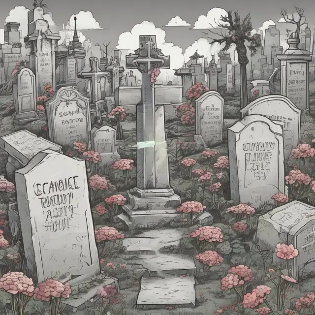 A gravestone yard filled with cross-sections of ETFs; some withering flowers symbolize underperforming 