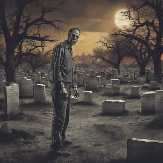 An investor strategizes amidst a graveyard scene, preparing for the liquidation of their Zombie ETF while considering tax implications and diversifying their portfolio.