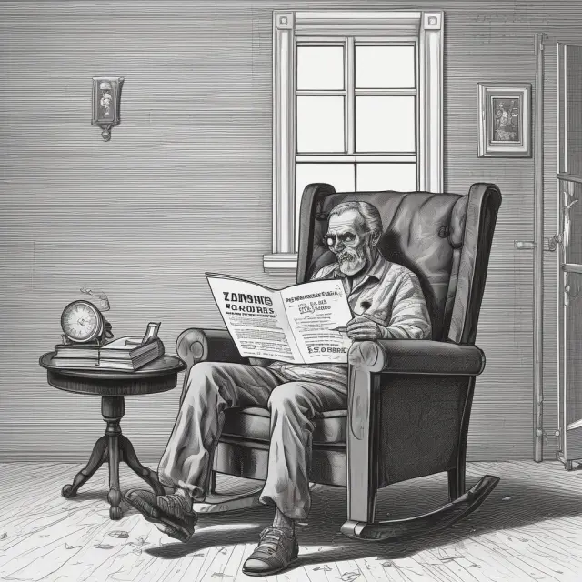 A concerned homeowner ponders legal obligations in a rocking chair, surrounded by a stack of books and an eviction notice.