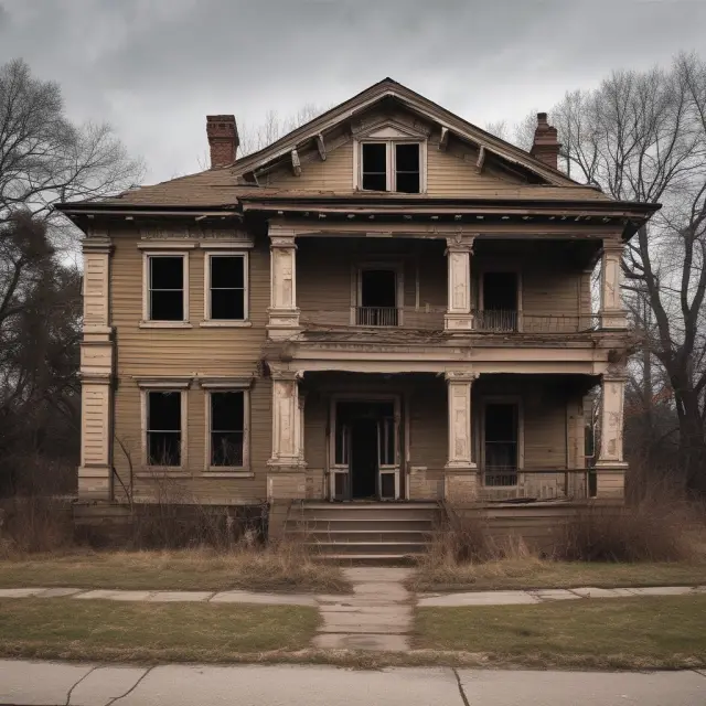 An image depicting abandoned homes in various states of disrepair within a community, surrounded by vibrant but wilting vegetation.