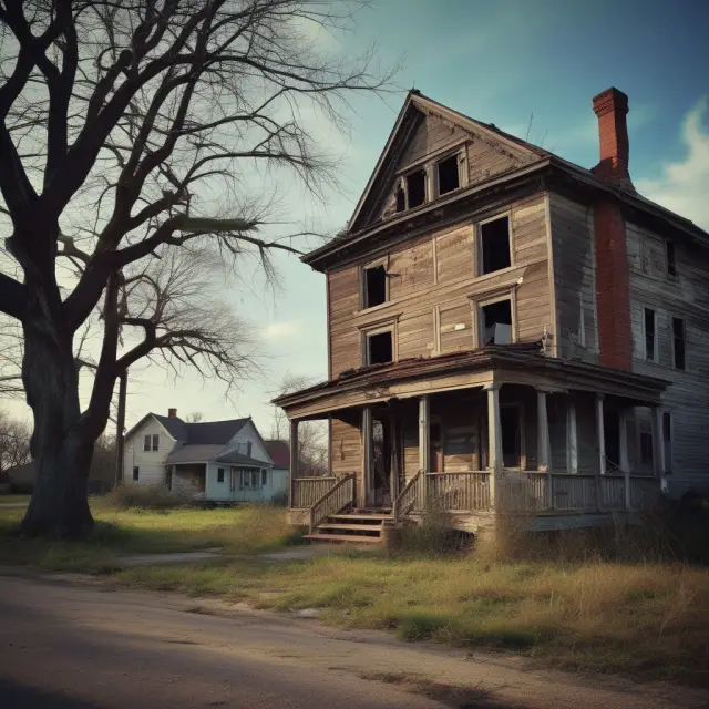 A decaying, abandoned zombie foreclosure surrounded by flourishing, well-maintained homes