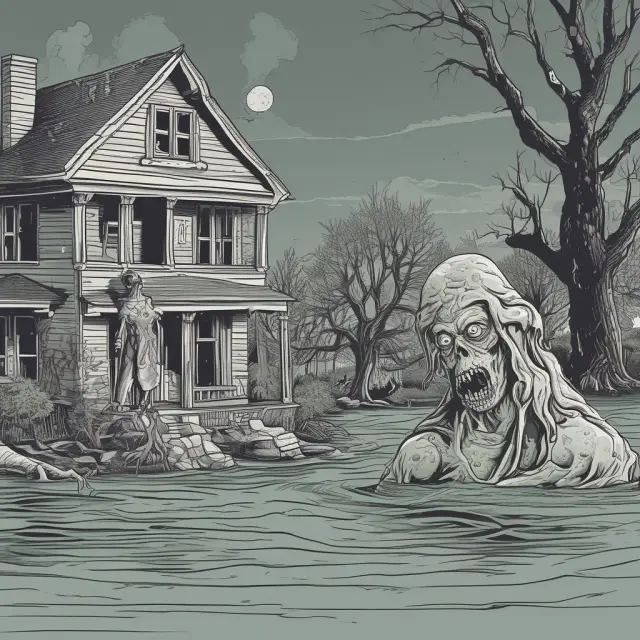 A zombie homeowner holding onto a sinking property amidst the foreclosure process, contrasted by a distant lender overseeing their negligence.