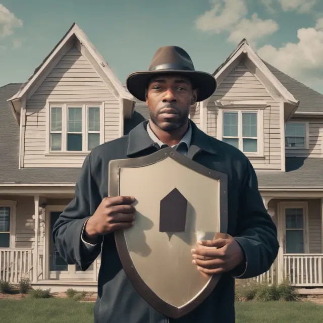 A homeowner protectively wields a shield against an army of decaying homes, symbolizing proactive measures to mitigate the risks of zombie foreclosures