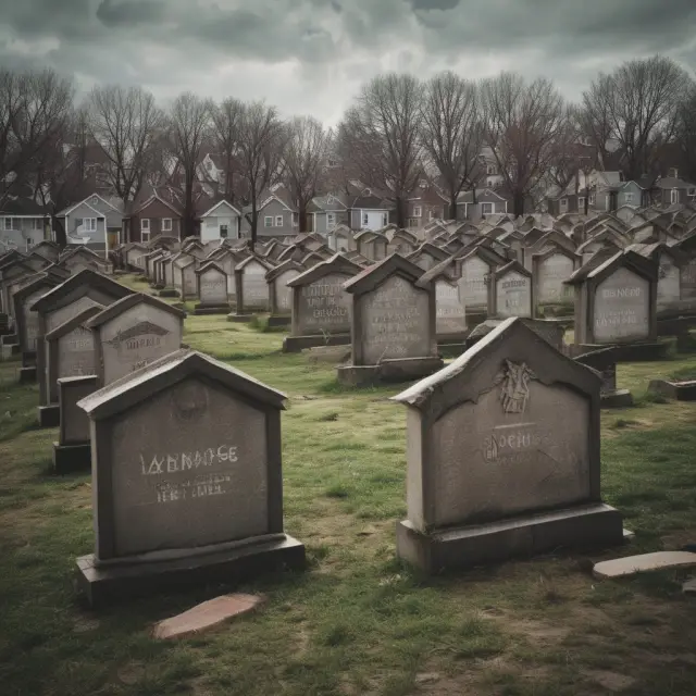 Zombie foreclosures: Empty houses in a graveyard symbolize abandoned properties and their potential impact on communities