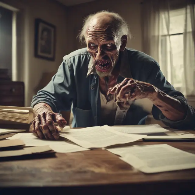 A homeowner engages in a courtroom battle against a hidden zombie title, surrounded by piles of legal documents.