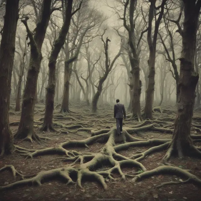 Decaying trees symbolizing zombie companies, hindering economic growth through resource consumption and external financing dependency