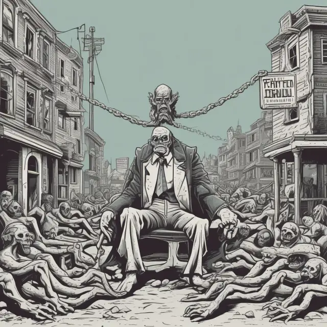 A zombie company represented as a decaying organism in chains, symbolizing the heavy burden of debt financing.