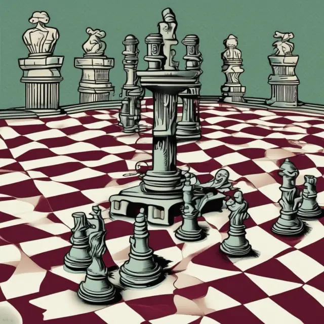 A central banker juggling pieces representing interest rates and QE on a chessboard, surrounded by ghostly zombie company figures