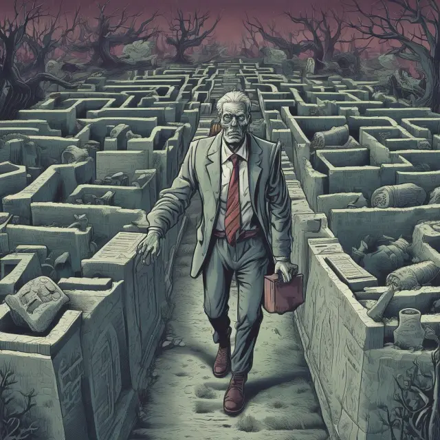 A zombie investor wades through a graveyard filled with financial documents and charts, seeking valuable opportunities amidst the risks of investing in struggling companies
