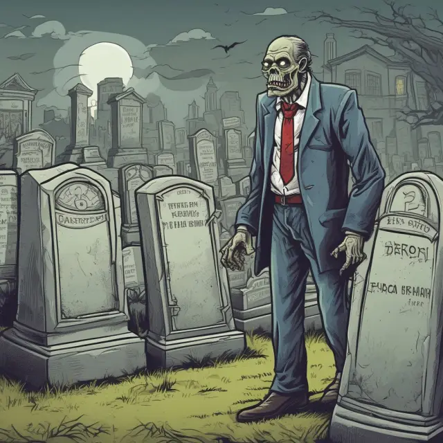 A zombie investor with a map and notepad atop a hill overlooking a graveyard of deceased companies. They contemplate strategies for potential exits or contingency plans.