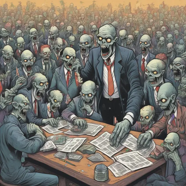 A group of spectral corporations represent zombie companies, struggling to maintain their existence atop shaky financial foundations in a haunting market landscape.