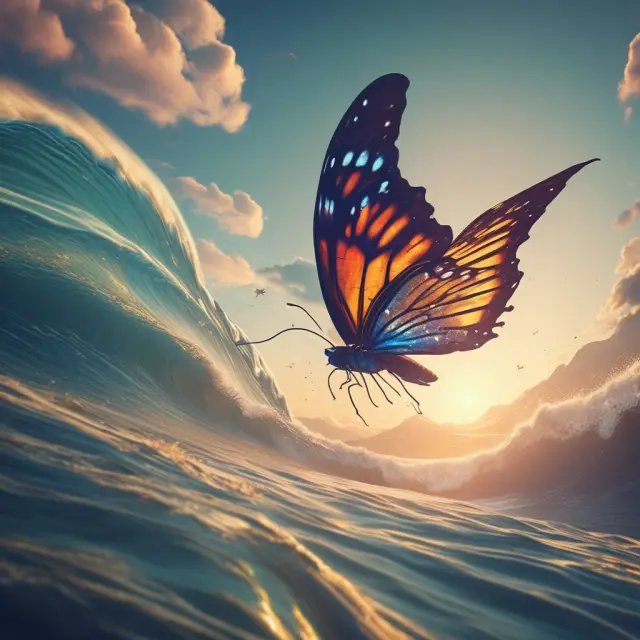 A gamma butterfly (complex option) hovers above a delta wave, symbolizing the relationship between Zomma, gamma, and delta in managing risks in options trading.