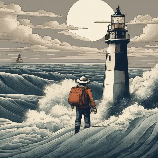 An image of a sailor steering a boat in a stormy sea, with the help of a compass labeled