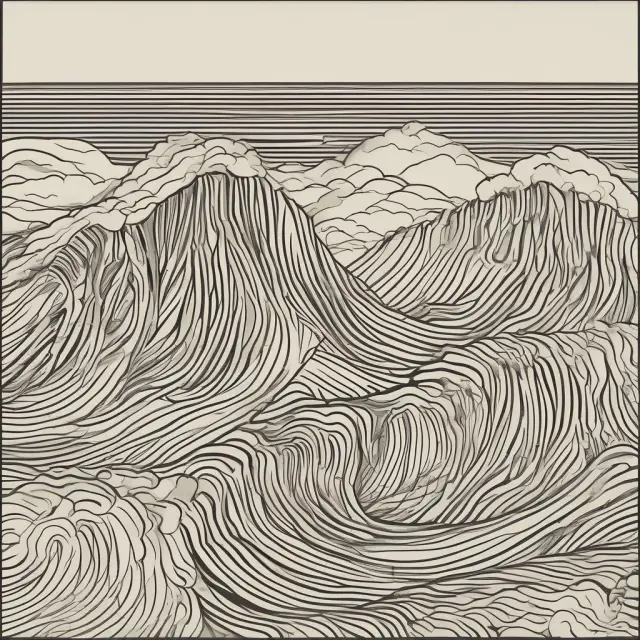 A turbulent sea symbolizes stock prices, clashing against rocky resistance levels. Market psychology is captured as waves, leaving ripples on the water