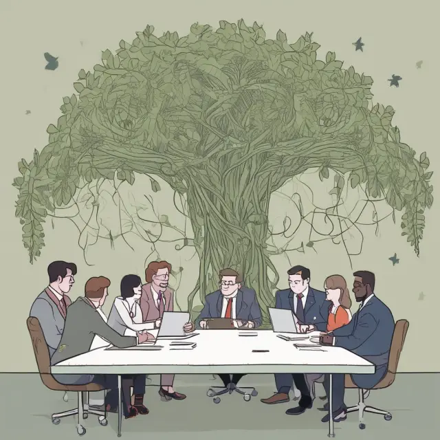 Negotiators seated around a table with an expanding Zone of Possible Agreement symbolized by a web of interconnected vines, illustrating the process of finding common ground and compromise