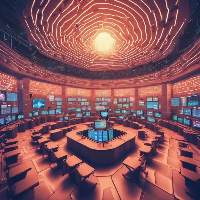 A wise z-score oracle sits above a bustling trading floor, providing guidance to traders as they navigate complex z-score data
