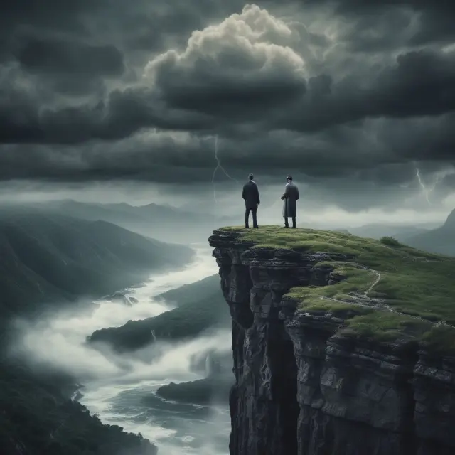Investor pondering Z tranche investment atop a cliff, stormy sky illustrating market risks and interest rate fluctuations