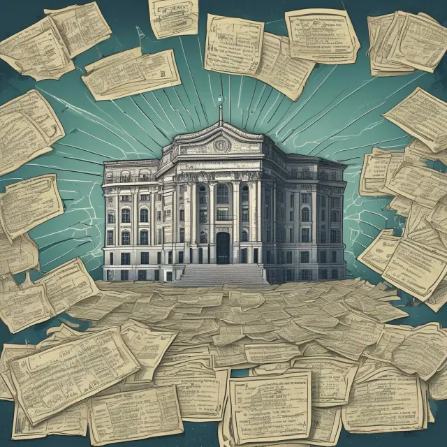 An intricate web illustrating the connections between falsified documents and hidden schemes in a Ponzi scam
