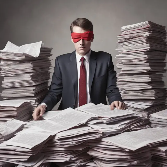 An auditor, wearing a blindfold, navigates through a maze of financial statements, highlighting the challenges faced by Ernst & Whinney during ZZZZ Best