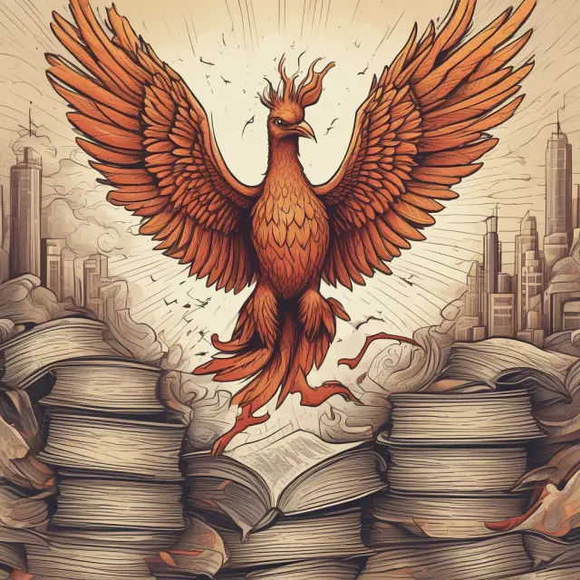 Phoenix bird emerging from a pile of accounting books, signifying the transformation in financial reporting and fraud detection measures